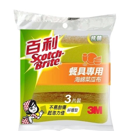 3M百利抗菌細緻餐具小黃海綿菜瓜布3片