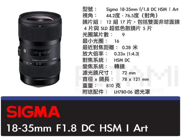 [台南．雙美] SIGMA 18-35mm F1.8 DC HSM 恆伸公司貨