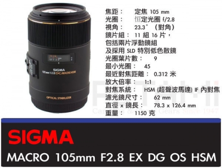 [台南．雙美] SIGMA 105mm F2.8 EX DG OS HSM MACRO 恆伸公司貨