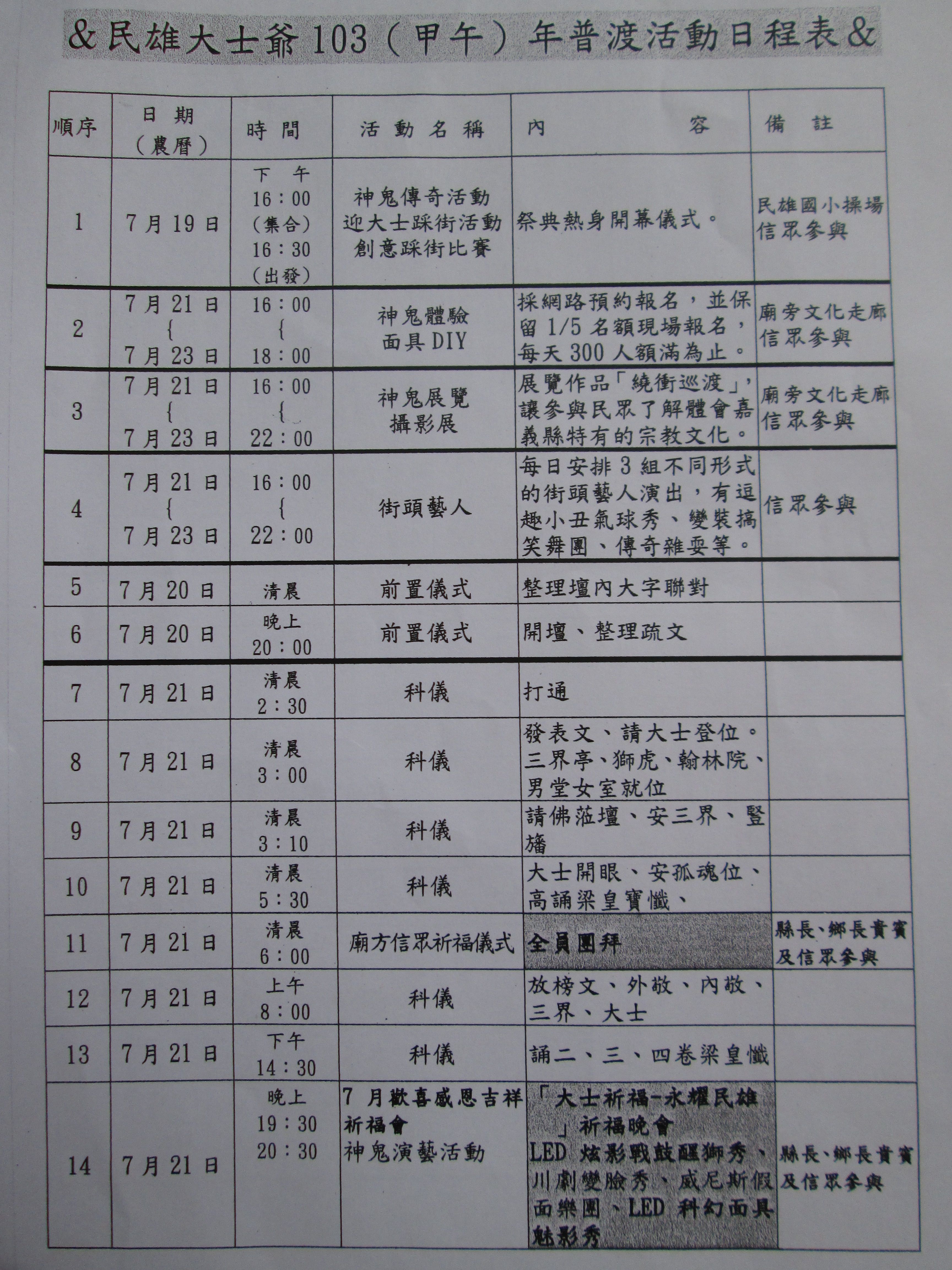 民雄大士爺103（甲午）年普渡活動日程表