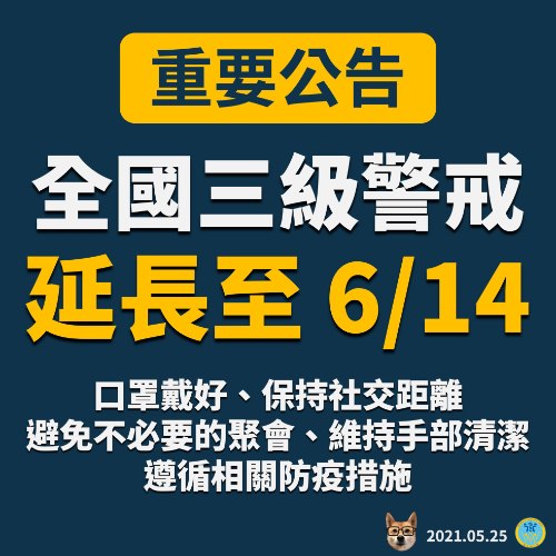 全國三級警戒延長至 6/14