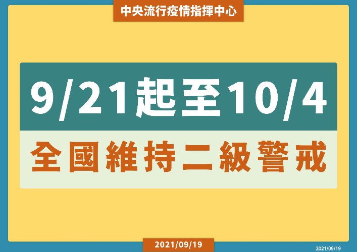 9月21日至10月4日維持疫情警戒標準為第二級