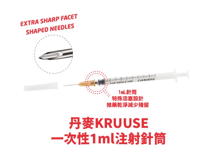 KRUUSE 1 mL低殘留注射針筒