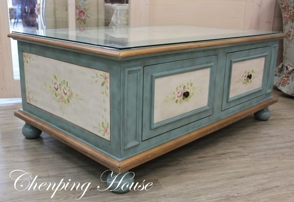 彩繪玫瑰藍色茶几-大號