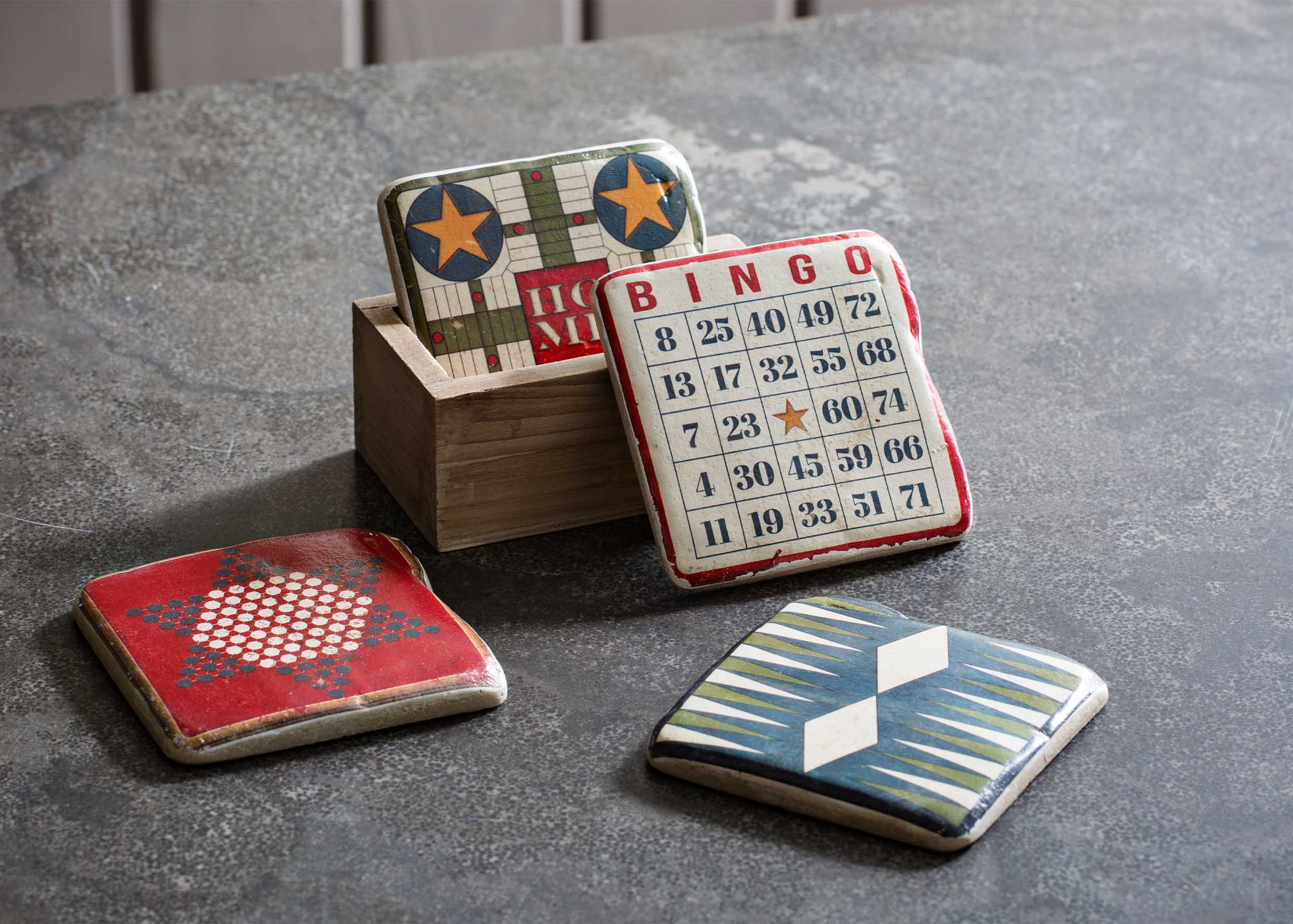 復古桌遊圖案杯墊(含木盒)-套五