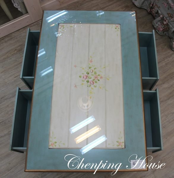 彩繪玫瑰藍色茶几-大號