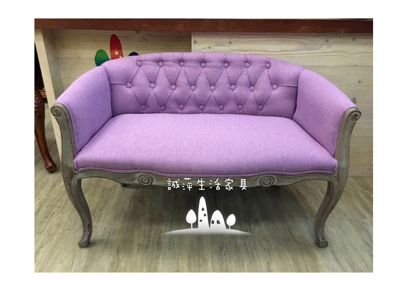 美式鄉村風雙人棉麻實木刻沙發