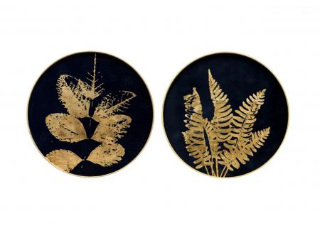 木框樹葉圖案圓形壁掛(深藍 & 金色)